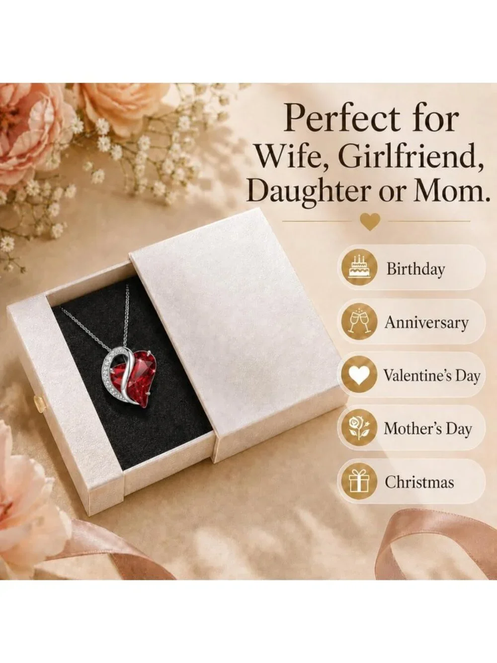Sparkling Crystal Heart Pendant Necklace for Women, Adjustable 18